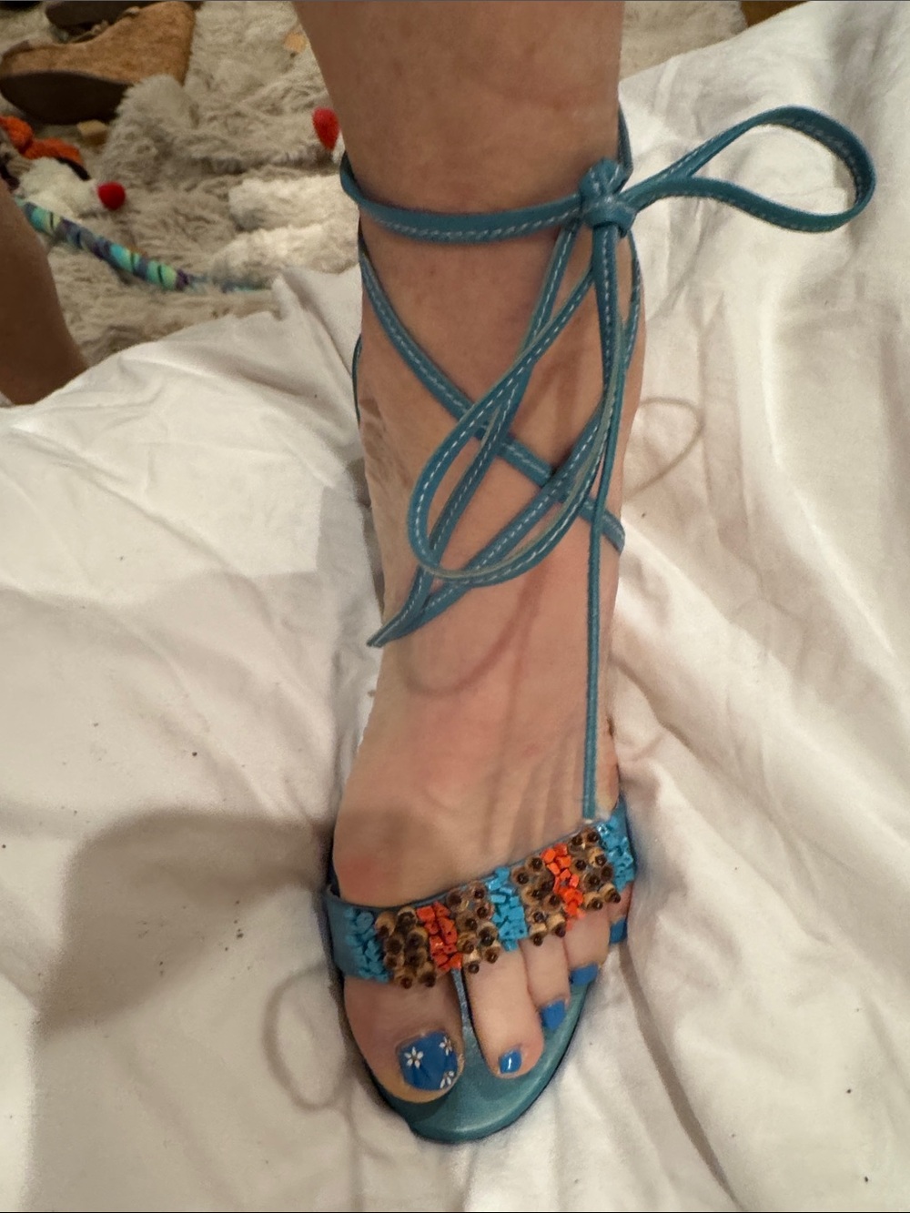 Sitges is a Spanish designer Women's Teal Lace-Up Sandal with Beaded Accent S 38